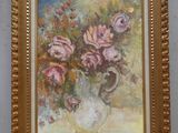 a painting of flowers in a vase on a table