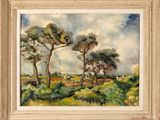 an oil painting of trees in a field with a sky in the background
