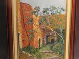 framed oil painting of an old brick building with a tree in the foreground