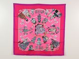foulard en soie rose représentant une femme en robe rose et un homme en costume rose