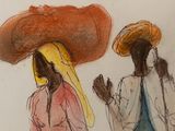 drawing of two people with hats on their heads and one is talking on a cell phone