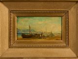 an oil painting of a boat on a beach with a mountain in the background