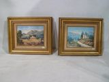 deux tableaux encadrés représentant un paysage avec des montagnes et des arbres