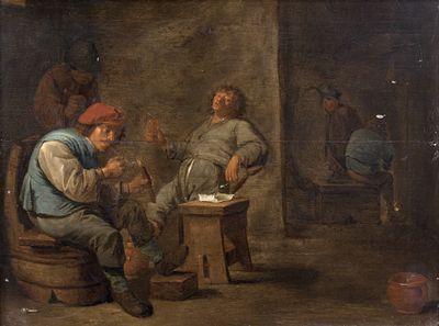tableau représentant deux hommes assis côte à côte dans une pièce