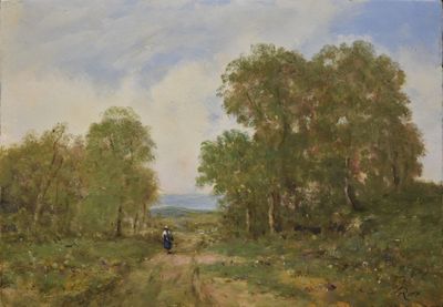 un tableau représentant une personne marchant sur un chemin de terre