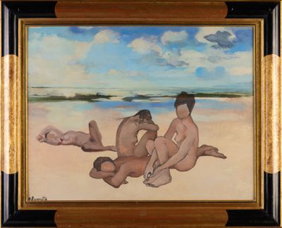 une peinture à l'huile représentant trois hommes nus assis sur une plage