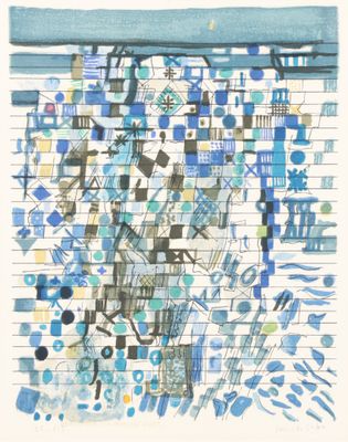 drawing of a blue and white abstract painting on a piece of paper