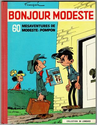 the cover of bonjou modeste, with a cartoon of a boy and a boy with a suitcase
