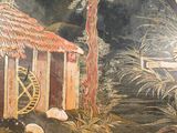 a painting on the wall of a house with a thatched roof