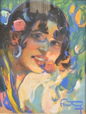 an oil painting of a woman with a flower in her hair
