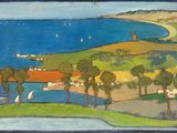 une image représentant une peinture d'une vue sur un plan d'eau