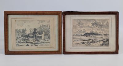deux dessins encadrés représentant un paysage avec une maison et des arbres