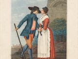 an old picture of a man and a woman standing next to each other