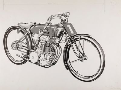 drawing of an old motorcycle with a chain on the handlebars