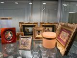 a glass table with pictures and pictures on it