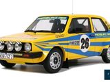 a yellow and blue car with a number on it