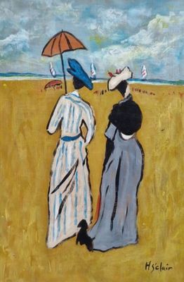 tableau représentant deux femmes marchant sur une plage avec un parasol