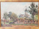 une peinture à l'huile représentant une scène de vie à la ferme avec une église en arrière-plan