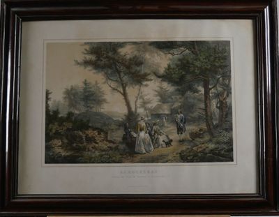 painting of a group of people walking down a path in a wooded area