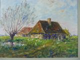 une peinture à l'huile représentant une maison dans un champ, avec un arbre