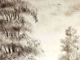 a drawing of people walking in a park with trees