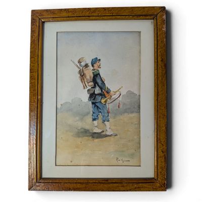 tableau représentant un homme vêtu d'une tenue bleue et portant un fusil