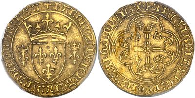 a gold coin with a crown on the front and a shield on the back