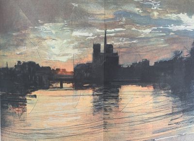 une photo d'un tableau représentant un coucher de soleil sur un plan d'eau