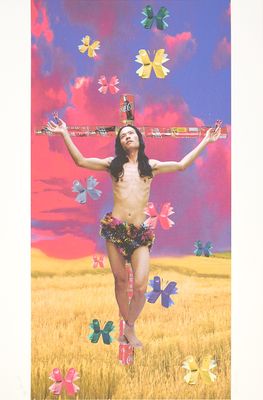 a picture of a woman with a cross in a field