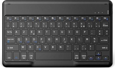 a black keyboard with blue keys on a white surface