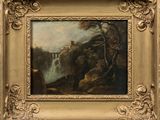 une image représentant une peinture d'une cascade dans un cadre boisé
