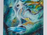 an oil painting of a woman ' s face with blue and yellow colors