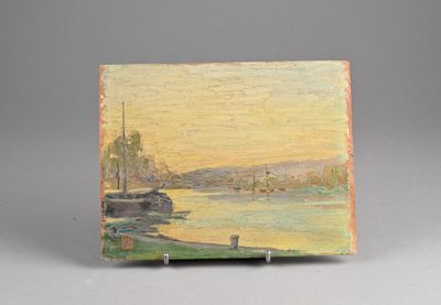 l'image d'une peinture représentant un bateau sur un plan d'eau