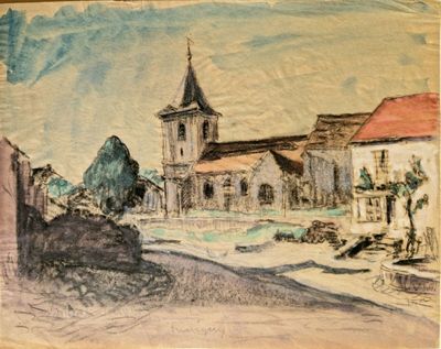dessin d'une église avec un clocher et une flèche au sommet