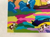 a picture of a painting of a dog and a boat