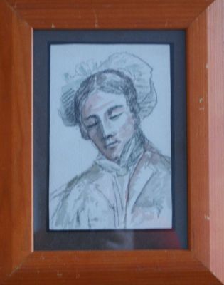 Portrait de femme à la coiffe. Dessin aquarellé non signé.