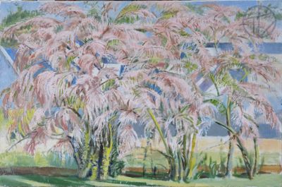 une peinture à l'huile représentant un arbre rose dans un champ herbeux