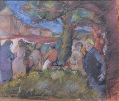 tableau représentant un groupe de personnes debout sous un arbre, munies de parapluies