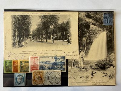 a picture of a postcard with a lot of stamps on it