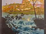 an image of a poster of a river with trees and a mountain in the background
