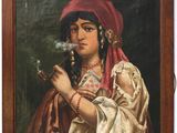 une peinture à l'huile représentant une femme fumant une cigarette et portant un chapeau rouge
