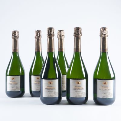 six bouteilles de champagne alignées sur une surface blanche