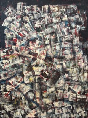 une peinture abstraite représentant une pile de papiers sur fond noir