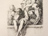 a black and white drawing of a man sitting on a ledge