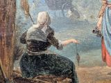 an old painting of a woman and a man in a wooded area