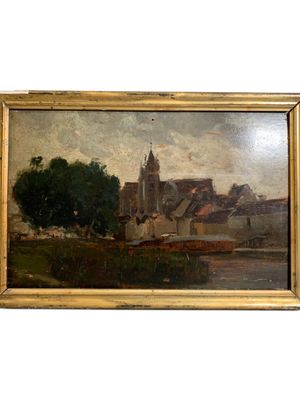an image of a painting of a city with a church in the background