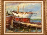 an oil painting of a sailboat docked at a dock