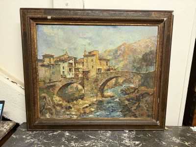 une peinture à l'huile représentant un pont sur une rivière avec des bâtiments à l'arrière-plan