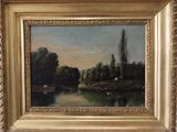 an oil painting of a river scene with a boat in the water