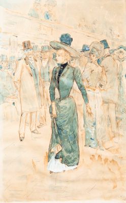 an image of a painting of a woman in a green dress and hat